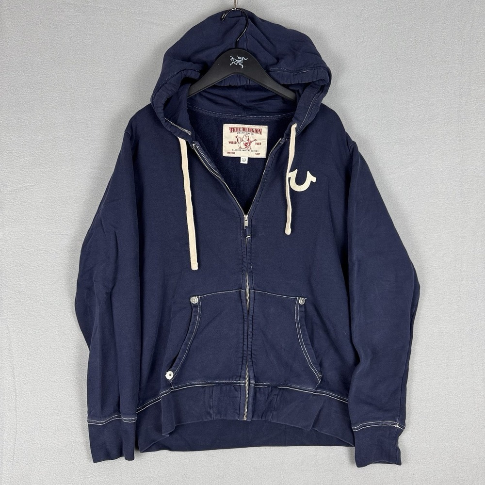 True Religion World Tour Buddha Full Zip Hoodie Navy Men's XL Y2K Casual Logo